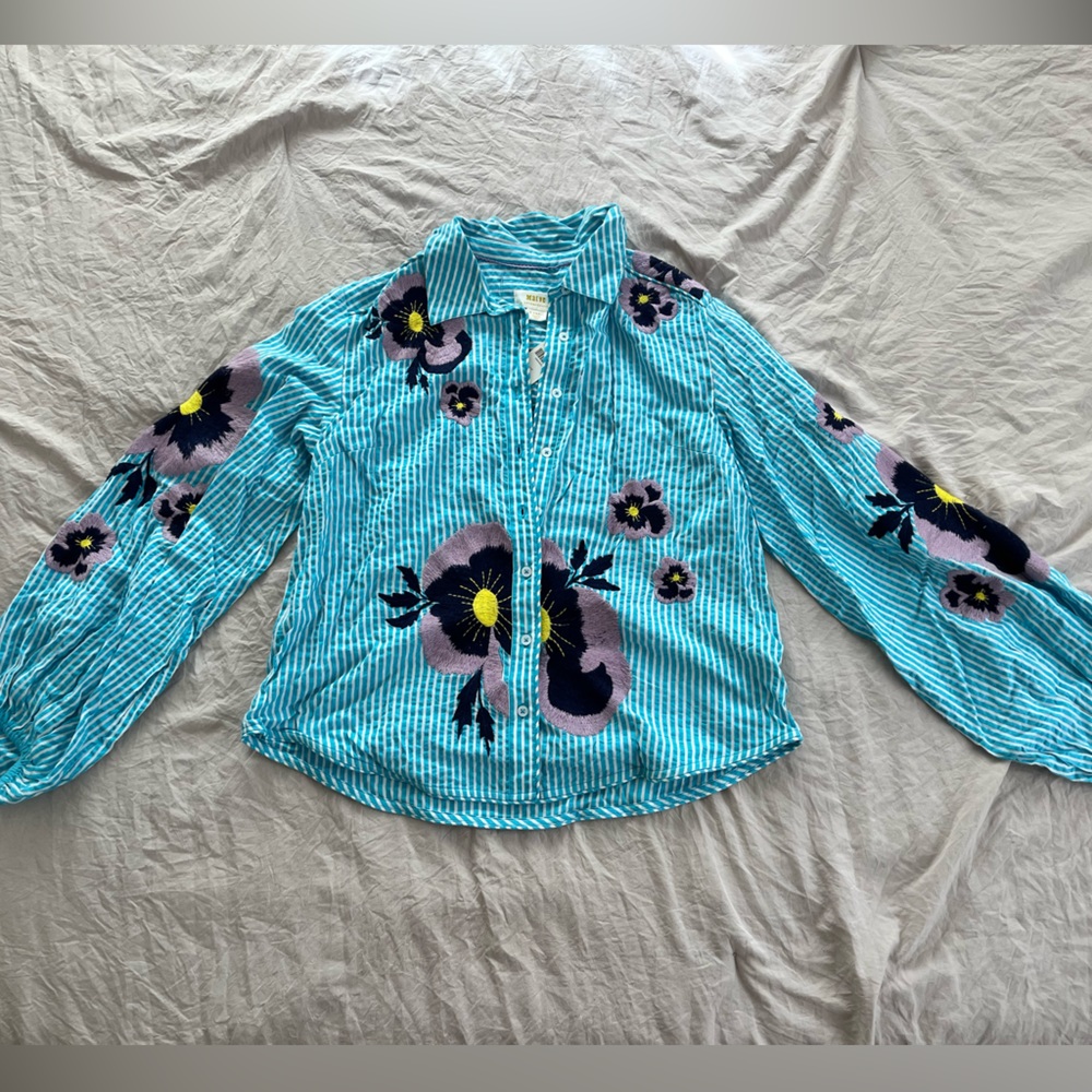 ANTHROPOLOGIE embroidered button down long sleeve top